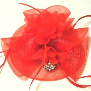 ``RH25912 Red Feathers, Flower & Mesh Fascinator